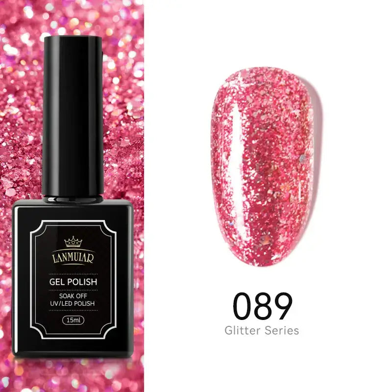 A black rectangular bottle of lammuiar gel polish, model 089 from the glitter series, features a glossy pink glitter finish with embedded metallic flakes.