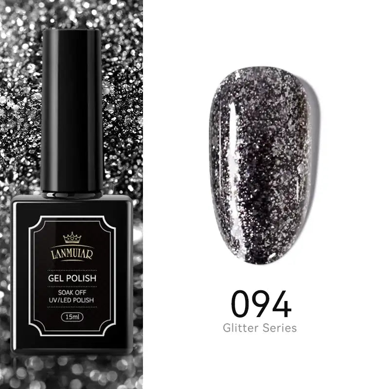 Black rectangular bottle of lanmular gel polish, 15ml, from the glitter series in shade 094.