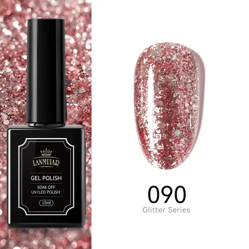 A sleek black bottle of lammuiar gel polish, featuring a glossy finish and labeled as part of the glitter series with shade 090.