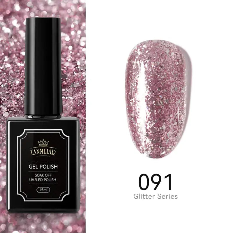 Black rectangular bottle of lanmuar gel polish, 15ml, with a black cap and label featuring gold crown logo; shown next to swatch of pink glitter nail polish in shade #091 from the glitter series.