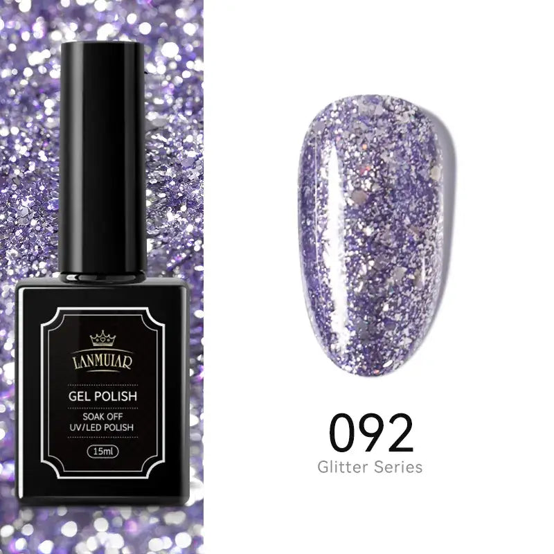 Lanmuar 092 glitter series gel polish in a sleek black bottle with silver accents, featuring a shimmering lavender-purple hue filled with sparkling glitter particles.