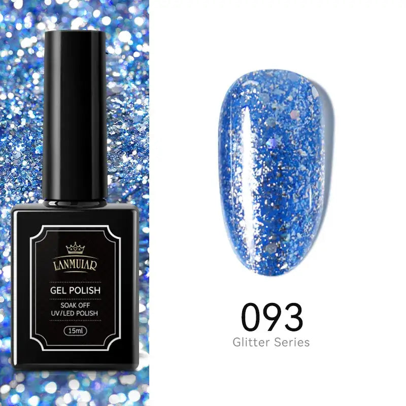 Black rectangular bottle of lanmuiaar gel polish, model 093 from the glitter series, featuring a glossy blue glitter finish.