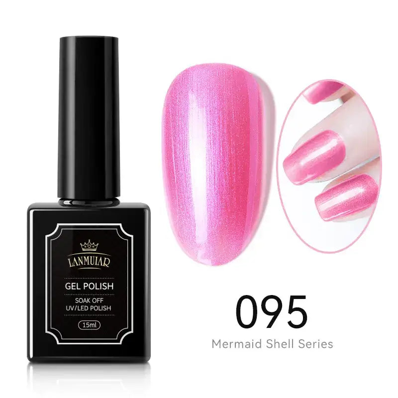 A sleek black bottle of lanmuiar gel polish, featuring a glossy pink shimmer finish in shade 095 from the mermaid shell series.