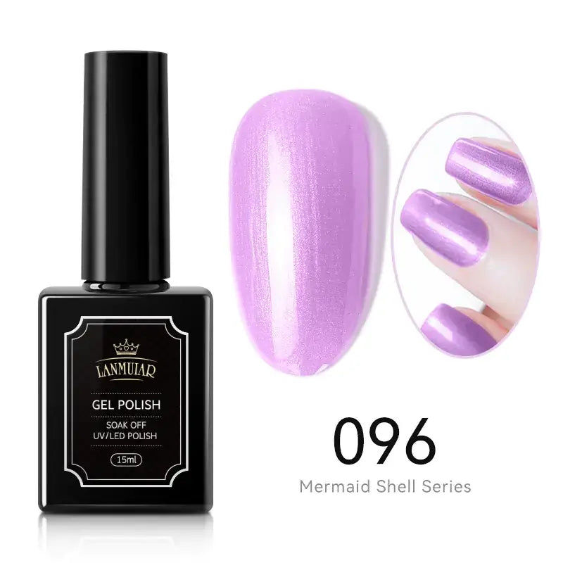 Black rectangular bottle of lanmuiaq gel polish, shade 096 mermaid shell series, featuring a glossy lavender-purple finish with subtle shimmer.