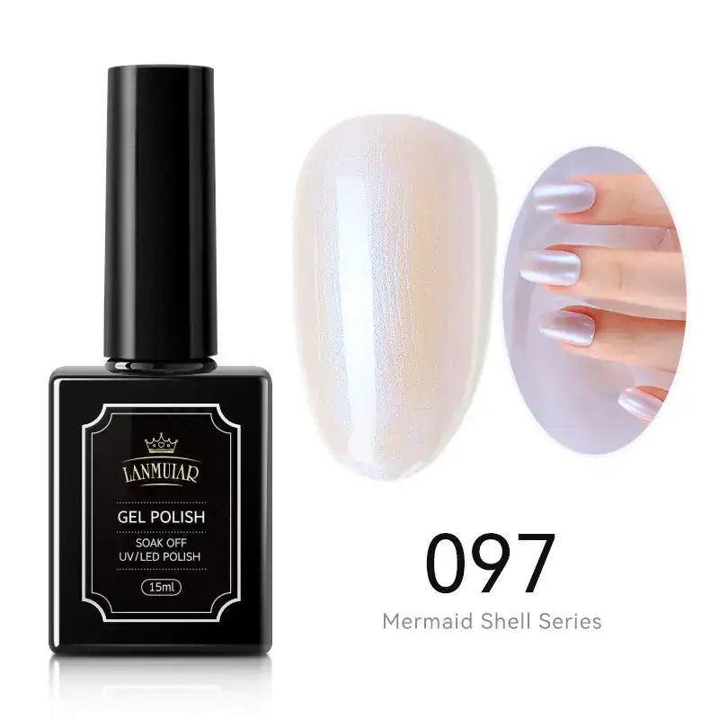 Black rectangular bottle of lanmuiar gel polish, model 097 from the mermaid shell series, with a glossy finish and silver holographic shimmer.