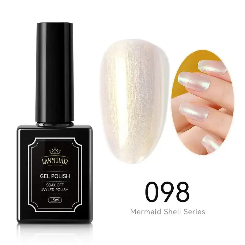 Black rectangular bottle of lanmuiaq gel polish, model 098 from the mermaid shell series, featuring a glossy white shimmer finish.