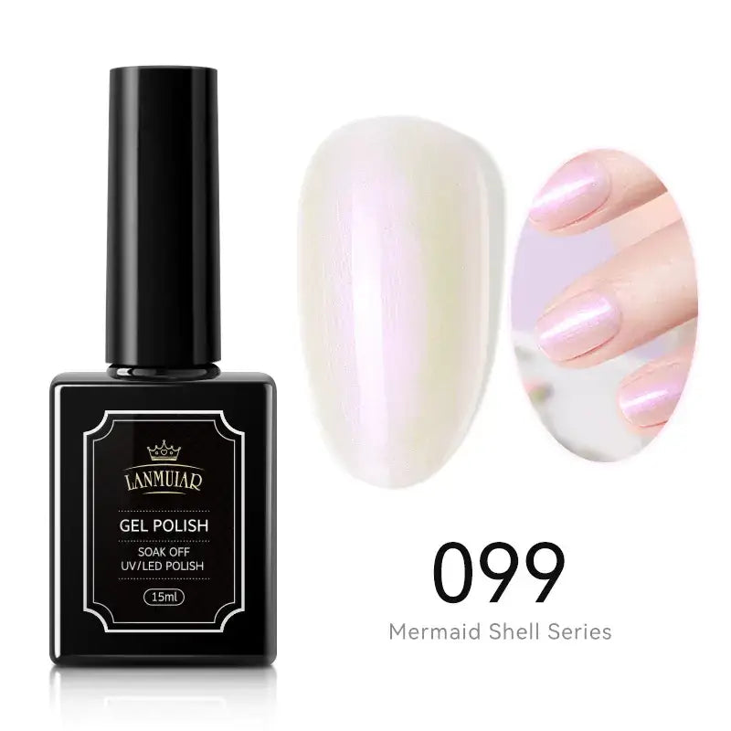 Black rectangular bottle of lanmuiar gel polish, model 099 from the mermaid shell series, featuring a glossy finish with iridescent pink and white shimmer.