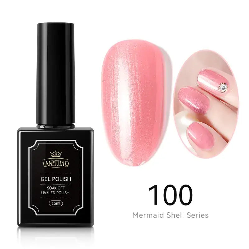 Black rectangular bottle of lanmuiar gel polish, 15ml, from the mermaid shell series with shade number 100.