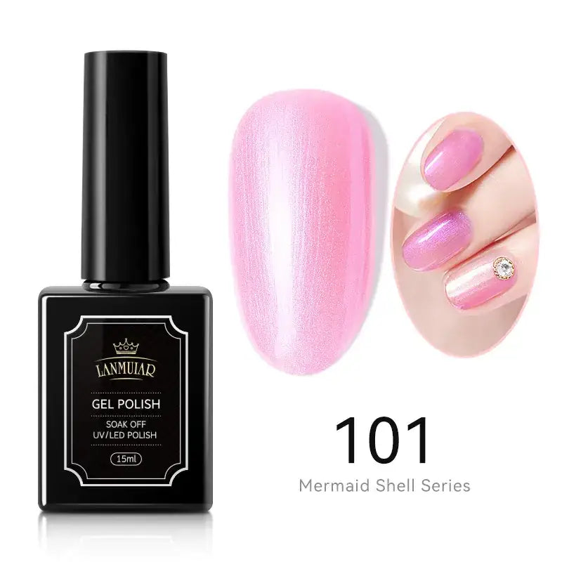 Black rectangular bottle of lanmuiaq gel polish, model 101 from the mermaid shell series, containing a shimmering pink uv/led polish.