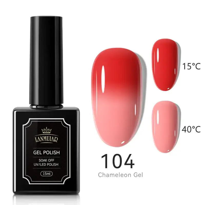 Black rectangular bottle of lammuiar gel polish, model 104 chameleon gel, with a glossy red-to-pink gradient finish shown on nails at different temperatures.