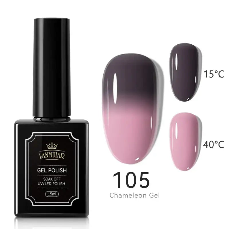Black rectangular bottle of lamular gel polish, model 105 chameleon gel, featuring a glossy finish and gradient color effect that transitions from deep purple to soft pink.