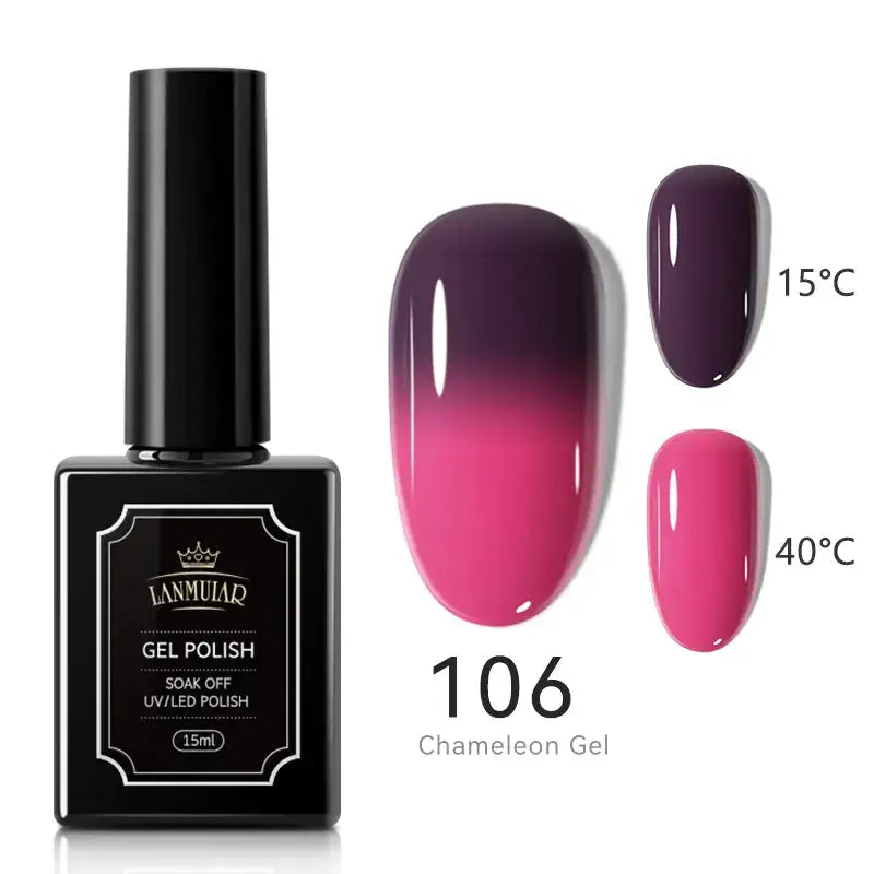 Black rectangular bottle of lammuiar gel polish, model 106 chameleon gel, featuring a glossy gradient from deep purple to vibrant pink.