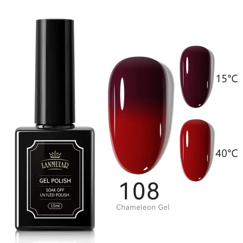 Black rectangular bottle of lamuiar gel polish, model 108 chameleon gel, featuring a glossy deep red to burgundy gradient finish that shifts with temperature.