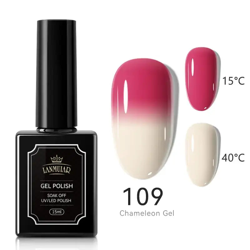 Black rectangular bottle of lamular gel polish, model 109 chameleon gel, with a glossy pink-to-cream gradient finish shown on nails at different temperatures.