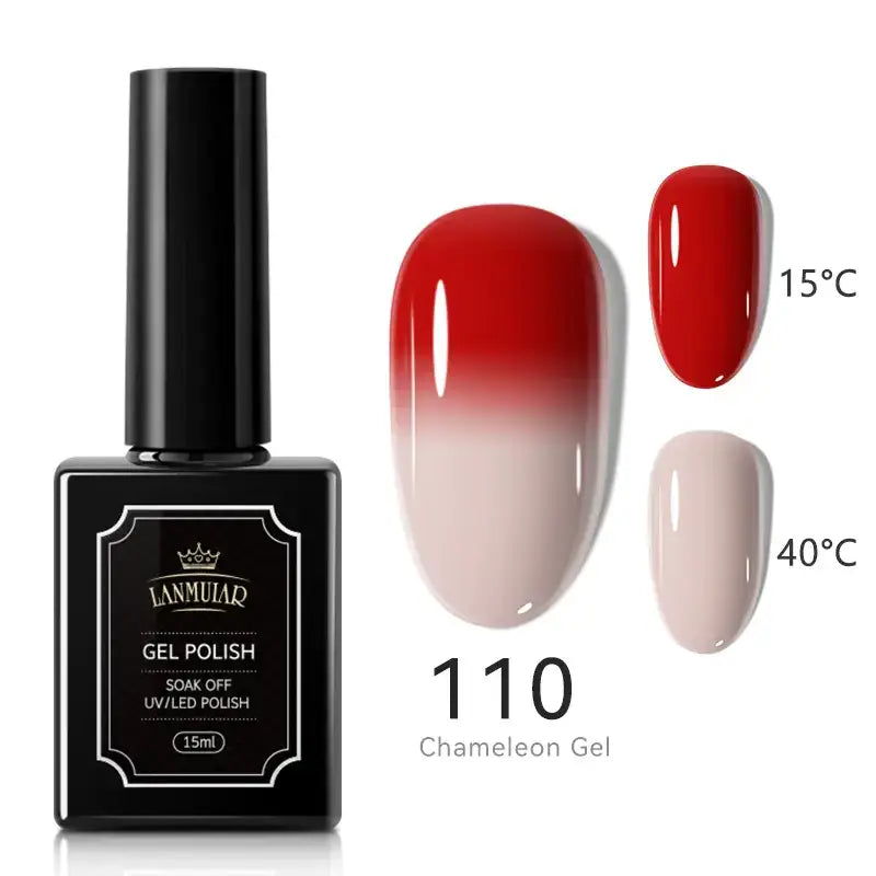 Black rectangular bottle of lamuiaq gel polish, model 110 chameleon gel, with a glossy red-to-cream gradient finish shown on nails at different temperatures.