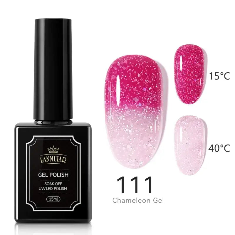 Black rectangular bottle of lammuiar 15ml chameleon gel nail polish with a glossy pink and white glitter gradient finish.