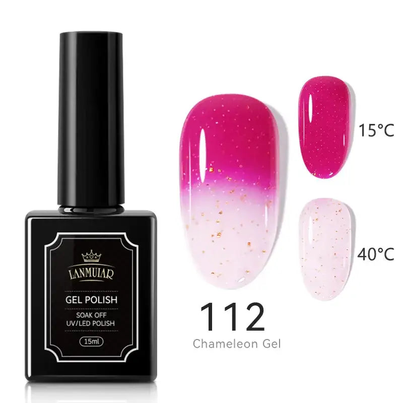 Black rectangular bottle of lamular gel polish, model 112 chameleon gel, with a glossy pink and white gradient finish featuring gold glitter particles.