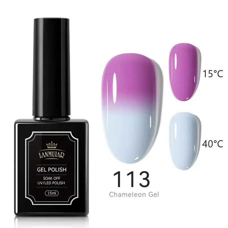 Black rectangular bottle of lammuiar gel polish, model 113 chameleon gel, with a black cap and white label detailing its uv/led curing properties.