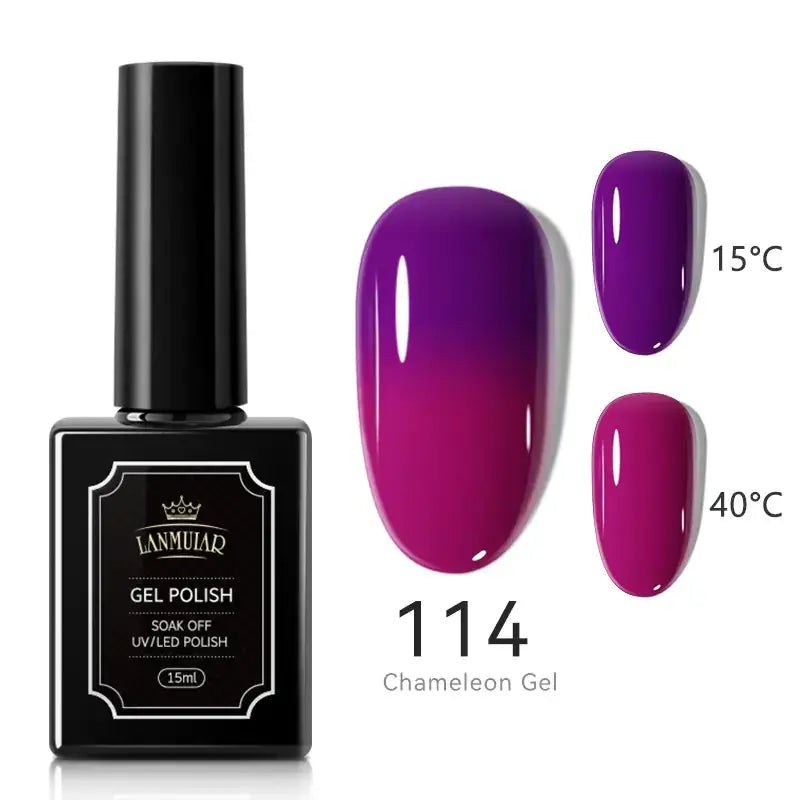 Black rectangular bottle of lamular gel polish, model 114 chameleon gel, featuring a glossy purple-to-magenta gradient finish that shifts with temperature.