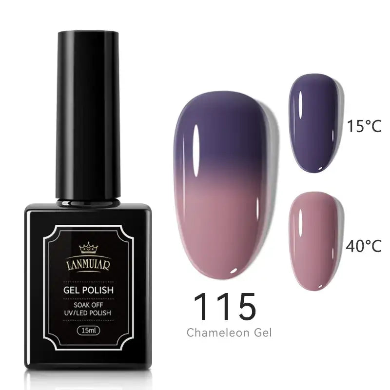 Black rectangular bottle of lamuliar gel polish, model 115 chameleon gel, featuring a glossy purple-to-pink gradient finish.