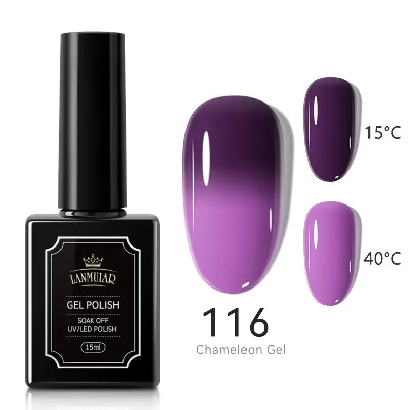 Black rectangular bottle of lamuliar gel polish, shade 116 chameleon gel, featuring a glossy purple-to-violet gradient finish that shifts with temperature.