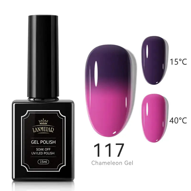 Black rectangular bottle of lammuiar gel polish, model 117 chameleon gel, featuring a glossy purple-to-pink gradient finish that shifts with temperature.