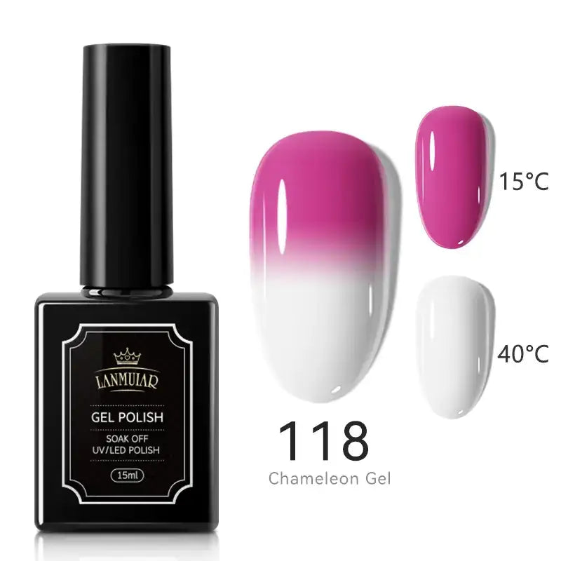 Black rectangular bottle of lammuiar gel polish, model 118 chameleon gel, with a glossy pink-to-white gradient finish shown on nails.