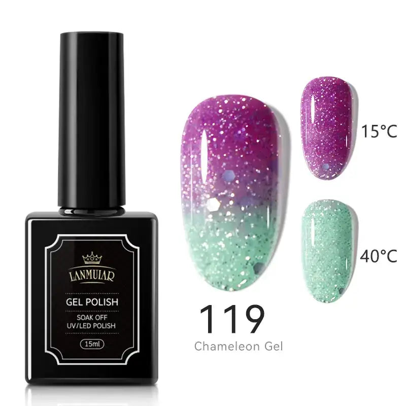 Black rectangular bottle of lammuiar chameleon gel nail polish, 15ml, with a glossy purple-to-green gradient glitter finish shown on nails.