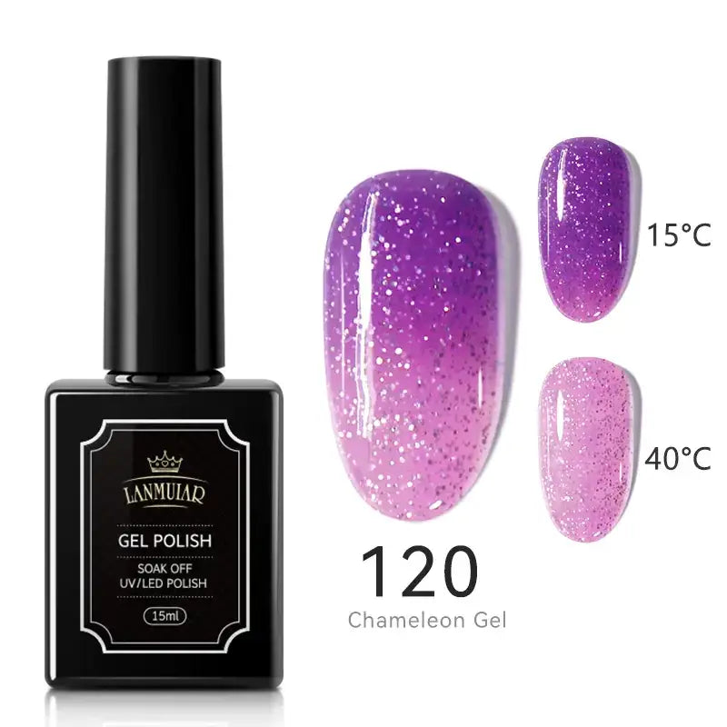 Black rectangular bottle of lammuiar 15ml chameleon gel nail polish with a glossy purple glitter finish shown on nails at different temperatures.