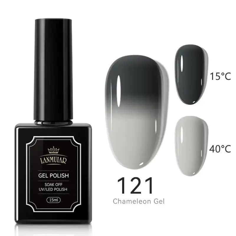 Black rectangular bottle of lammuiar gel polish, model 121 chameleon gel, featuring a glossy finish and temperature-sensitive color-changing effect.