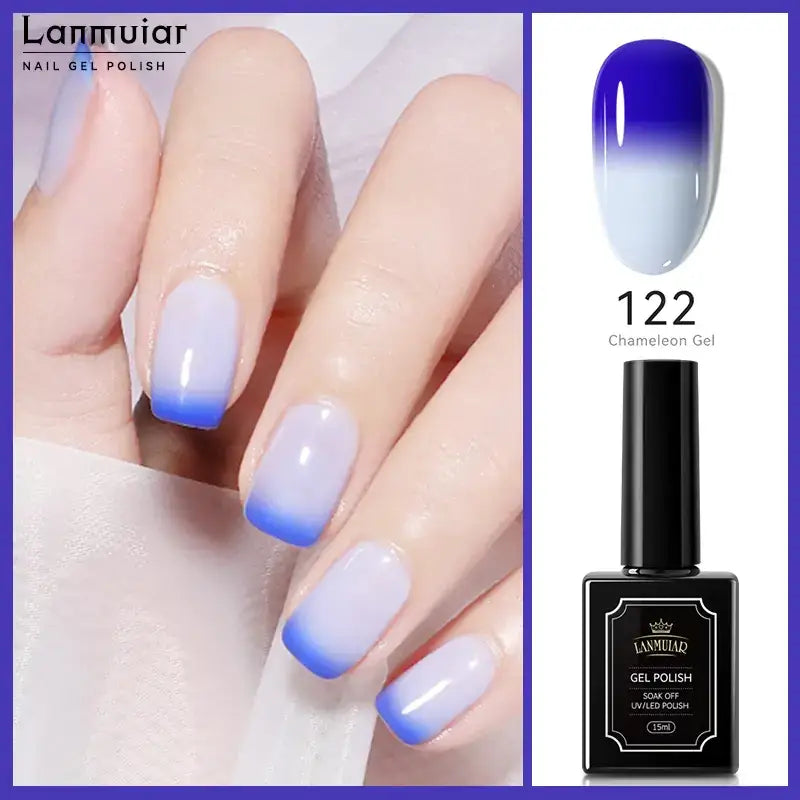 Lanmuiar 122 chameleon gel nail polish in a sleek black bottle with a gradient blue-to-white finish.