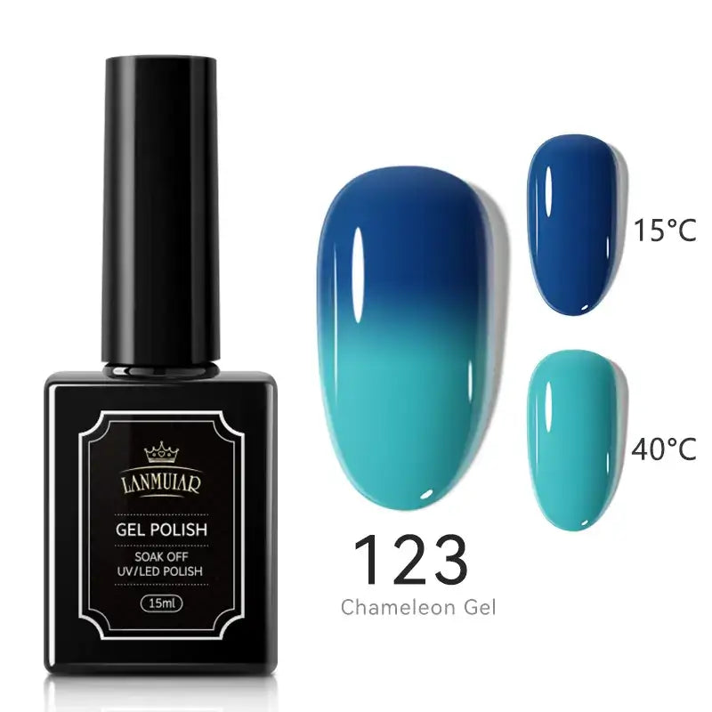 Black rectangular bottle of lammuiar gel polish, model 123 chameleon gel, featuring a glossy blue-to-teal gradient finish.