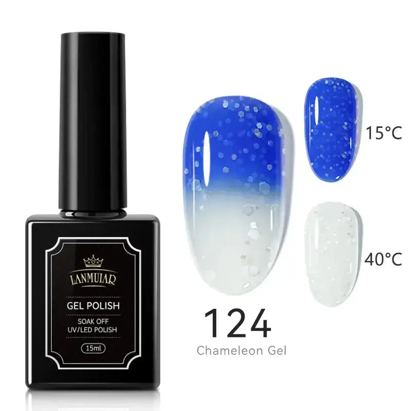 Black rectangular bottle of lamular gel polish, model 124 chameleon gel, with a glossy blue and white gradient design featuring sparkling particles.