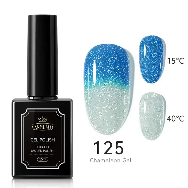 Black rectangular bottle of lammuiar gel polish, model 125 chameleon gel, featuring a glossy blue-to-white glitter gradient finish.