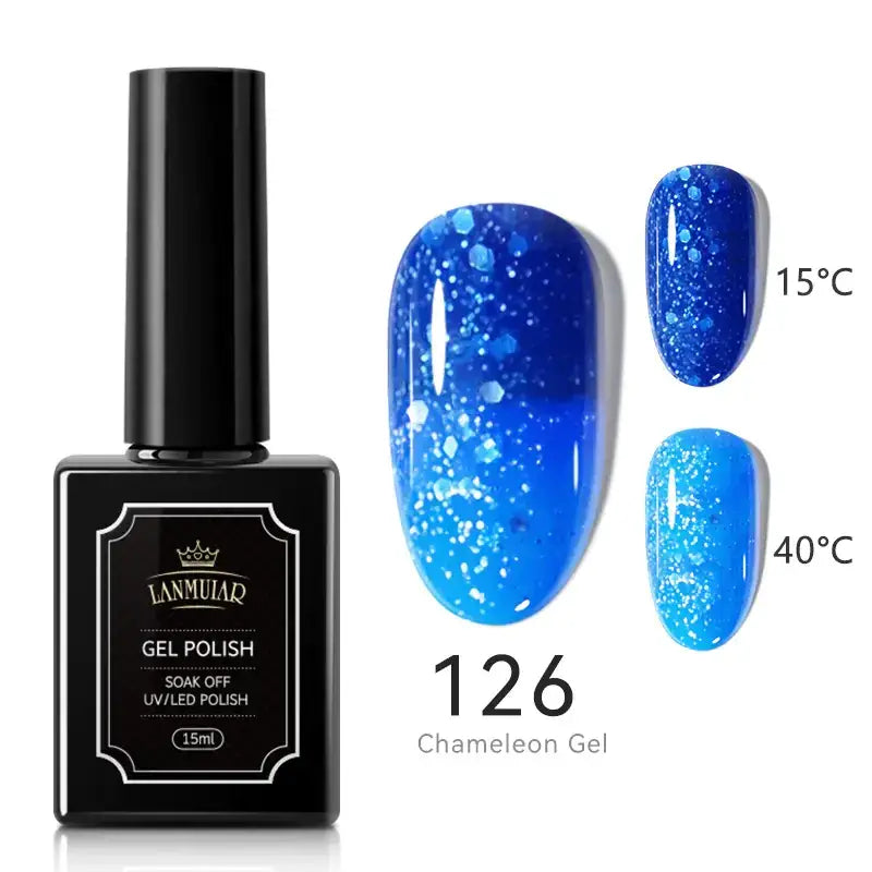 Black rectangular bottle of lamuiaq gel polish, model 126 chameleon gel, with a glossy blue shimmer finish shown on nails at different temperatures.