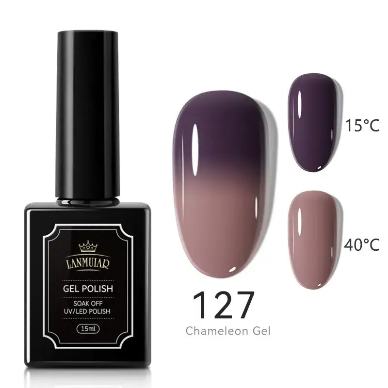 Black rectangular bottle of lamuiar gel polish, model 127 chameleon gel, featuring a glossy gradient finish that shifts from deep purple at the tip to soft mauve near the base.