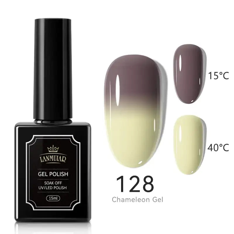 Black rectangular bottle of lamuliaq gel polish, model 128 chameleon gel, with a glossy finish and gradient color effect shown on nails.