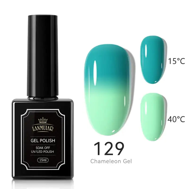 Black rectangular bottle of lamuliaq gel polish, model 129 chameleon gel, featuring a glossy teal-to-light-green gradient finish.