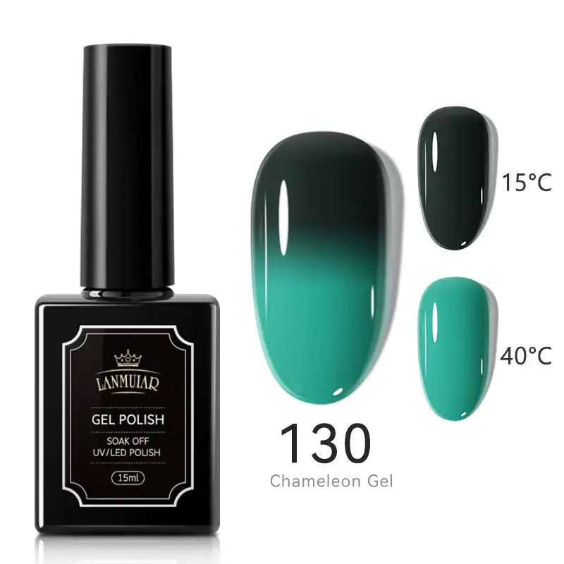 Black rectangular bottle of lammuiar gel polish, model 130 chameleon gel, featuring a glossy finish and an elegant label with crown emblem.