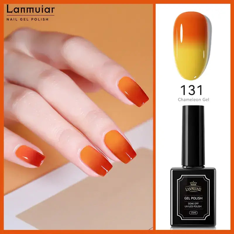 Lanmuiar 131 chameleon gel nail polish in a sleek black bottle with an orange-to-yellow gradient finish.