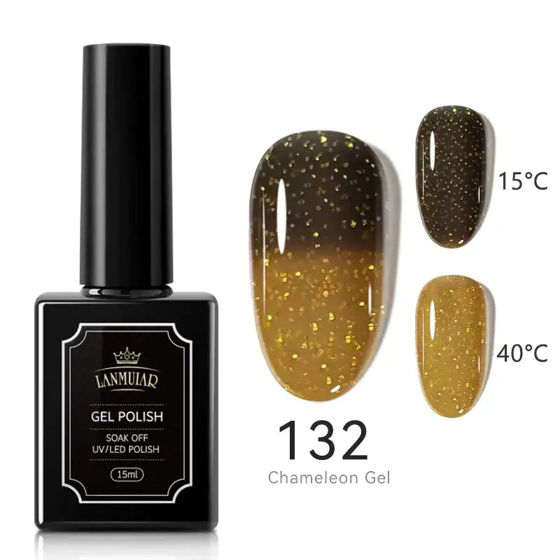 Black rectangular bottle of lamular gel polish, model 132 chameleon gel, featuring a glossy finish with gold glitter that transitions from dark to light tones.