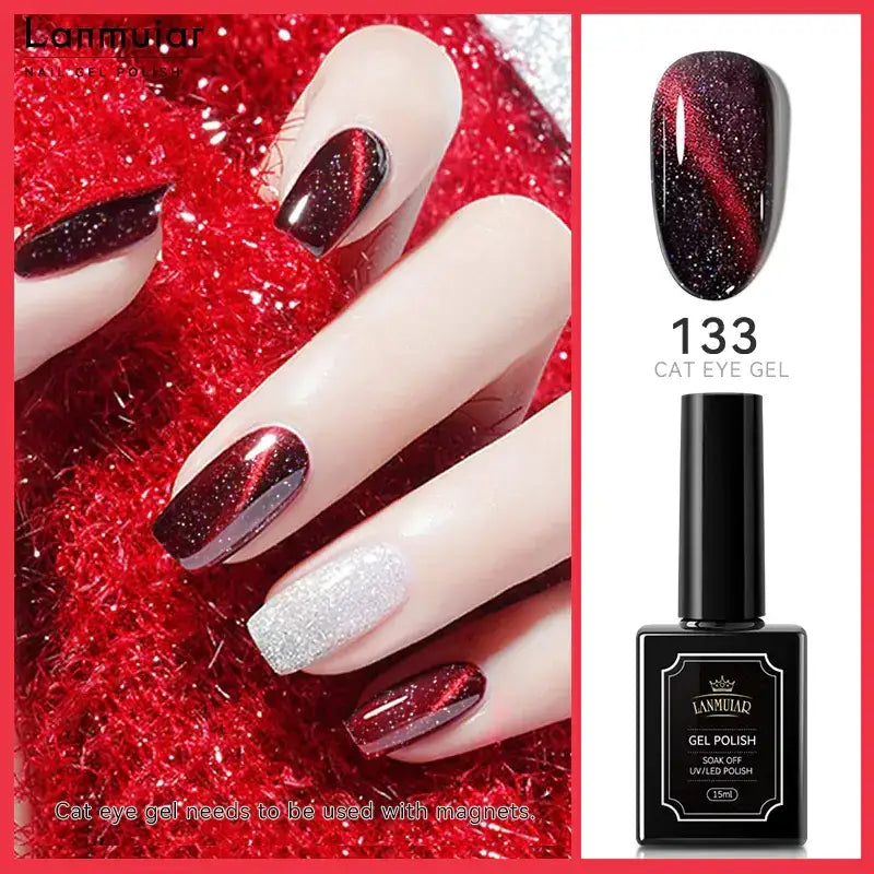 Black and red cat eye gel polish in a sleek black bottle with gold lettering, featuring a magnetic effect that reveals shimmering stripes when activated.