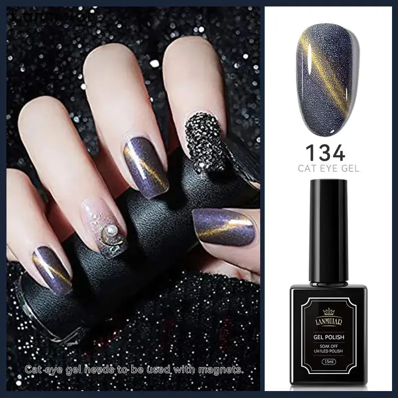 Black rectangular bottle of lammuaq cat eye gel polish, model 134, featuring a glossy finish with gold and silver shimmer.