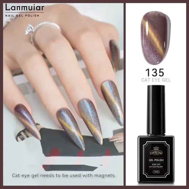 Lanmuiair 135 cat eye gel polish in a sleek black bottle with gold and purple shimmering finish.