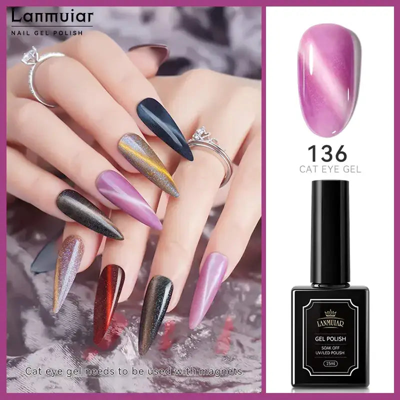 A sleek black bottle of lanmuiar 136 cat eye gel polish, featuring a glossy finish and elegant gold lettering on its label.