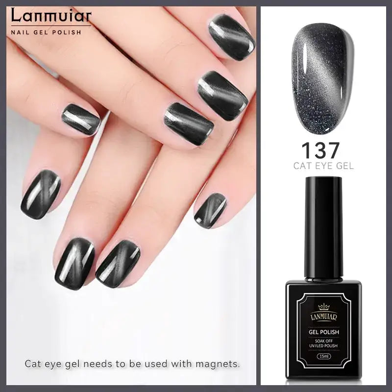 Black cat eye gel polish in a sleek black bottle with gold lettering, featuring a magnetic effect that creates shimmering silver and dark gray swirls on the nails.