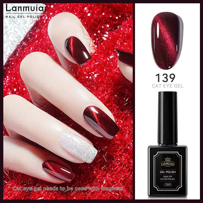 Lanmuiar 139 cat eye gel polish in a sleek black bottle with gold lettering, featuring a deep red magnetic finish that shimmers like cat’s eyes.