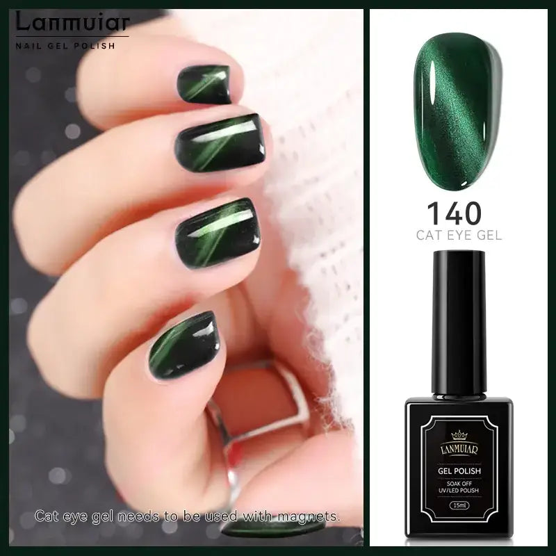 Lanmuiar 140 cat eye gel polish in a sleek black bottle with gold lettering, featuring a glossy deep green finish that shimmers like cat’s eyes.