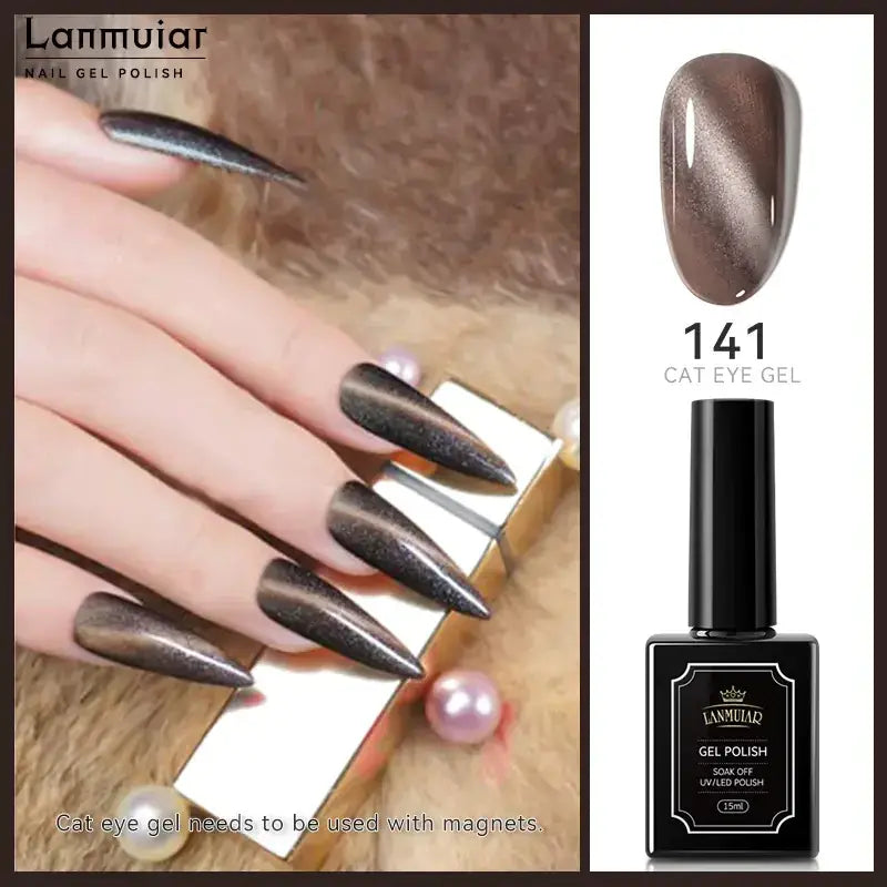 Lanmuiar 141 cat eye gel polish in a sleek black bottle with a glossy, metallic brown finish that shimmers like cat eye.