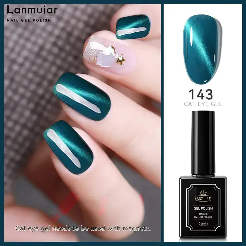 Lanmuiar 143 cat eye gel polish in a sleek black bottle with gold-trimmed label, featuring an iridescent teal finish that shimmers like tiger’s eyes.